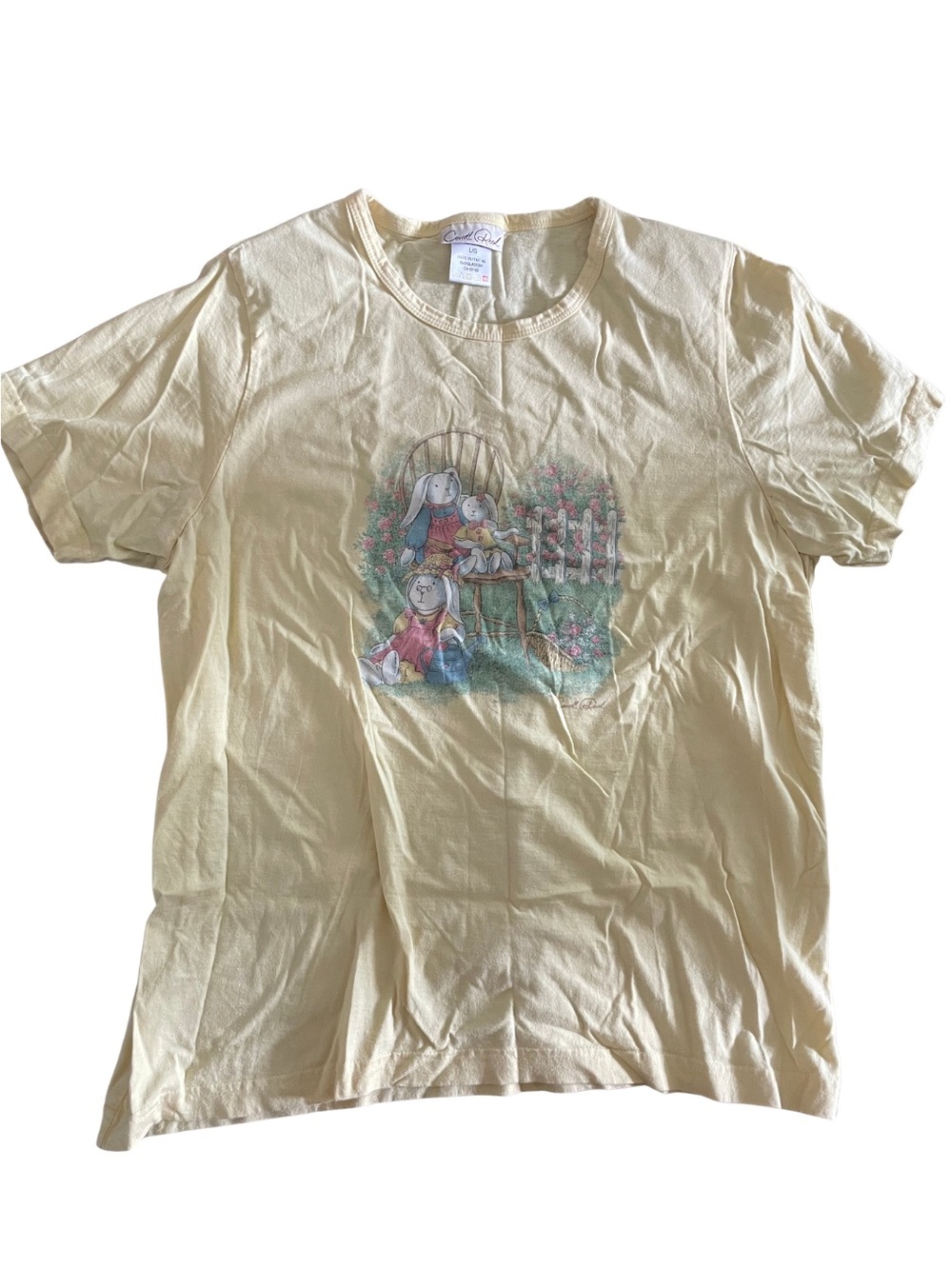 Vintage Carroll Reed Butter Yellow Rabbit Garden Graphic Tee Short Sleeve Size L
